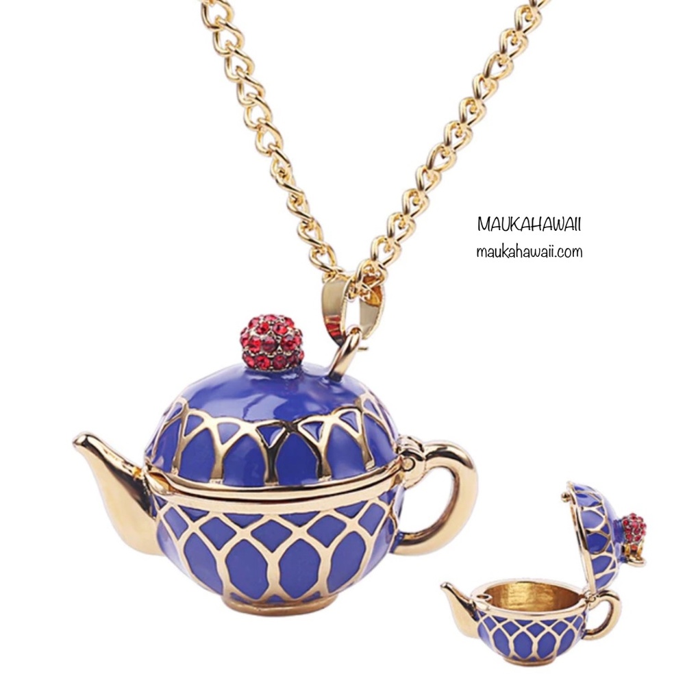 Enamel Blue Teapot Secret Compartment Poison Pill Necklace w 18 in Chain New!